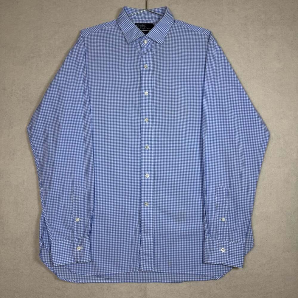 Vintage Polo Ralph Lauren Shirt Men 17/43 Fits L/XL Gingham Check Button Up Blue